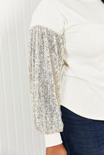 Load image into Gallery viewer, HOPELY Full Size Sequin Puff Sleeve Curved Hem Top in Cream/Taupe
