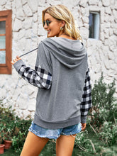 Load image into Gallery viewer, Plaid Quarter Snap Drawstring Detail Hoodie
