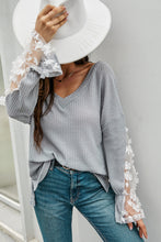 Load image into Gallery viewer, 3D Floral Applique Mesh Sleeve Waffle Top
