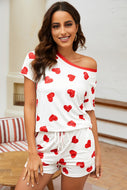 Heart Print Tee and Drawstring Shorts Loungewear Set