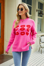 Load image into Gallery viewer, Woven Right Lip Graphic Slit Dropped Shoulder Sweater
