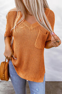 Side Slit V-Neck Short Sleeve Sweater
