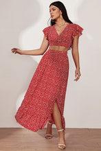 Load image into Gallery viewer, Printed Flutter Sleeve Crop Top and Ruffle Hem Slit Skirt
