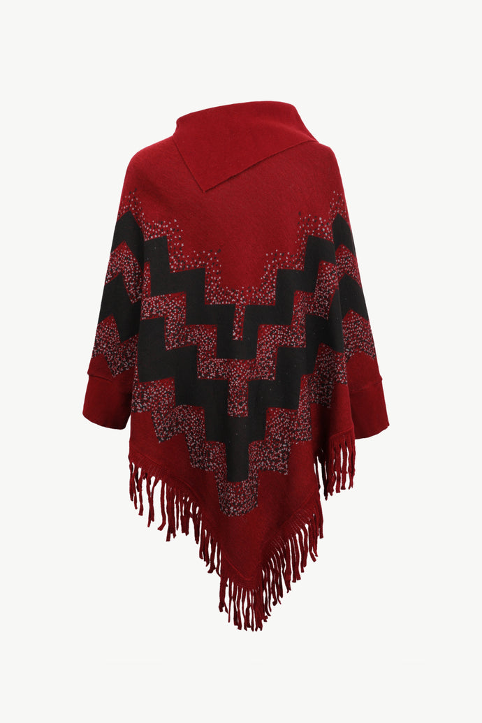 Chevron Mock Neck Fringe Hem Poncho