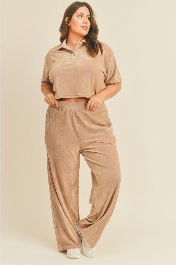 Kimberly C Full Size Cropped Polo Shirt and Wide Leg Pants Set in Taupe