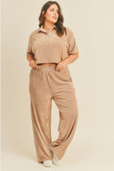 Kimberly C Full Size Cropped Polo Shirt and Wide Leg Pants Set in Taupe