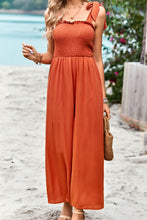 Load image into Gallery viewer, Frill Trim Tie Shoulder Wide Leg Jumpsuit with Pockets
