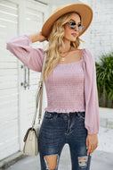 Frill Hem Smocked Balloon Sleeve Blouse