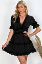 Load image into Gallery viewer, Frill Trim Short Puff Sleeve Plunge Dress
