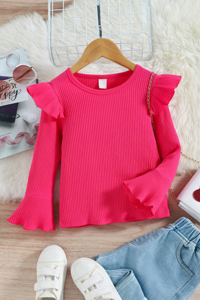 Girls Ruffle Shoulder Flare Sleeve Rib-Knit Sweater