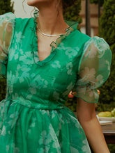 Load image into Gallery viewer, Frill Trim Mesh Flounce Sleeve V-Neck Mini Dress
