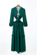 Load image into Gallery viewer, Lace-Up Frill Trim Cutout Puff Sleeve Plunge Dress
