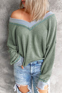 Waffle Knit Contrast Trim V-Neck Top