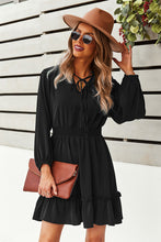 Load image into Gallery viewer, Tie Neck Smocked Waist Ruffle Hem Dress
