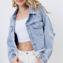 Load image into Gallery viewer, Cropped Raw Hem Dropped Shoulder Denim Jacket
