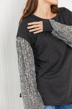 Load image into Gallery viewer, HOPELY Full Size Sequin Puff Sleeve Curved Hem Top in Charcoal
