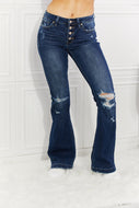 ON SALE! KANCAN Dark Blue Wash Flare mid rise jeans w/distressed Knees detail