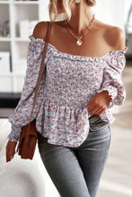 Load image into Gallery viewer, Floral Frill Trim Smocked Flounce Sleeve Peplum Blouse
