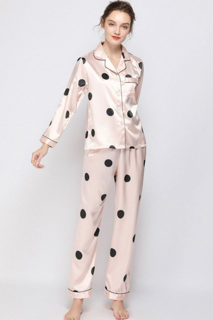 Satin Button-Up Lapel Collar Top and Pants Pajama Set