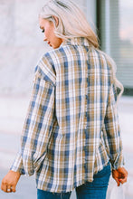 Load image into Gallery viewer, Double Take Plaid Raw Hem Dropped Shoulder Johnny Collar Shirt
