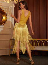 Load image into Gallery viewer, Glitter V-Neck Fringe Hem Midi Bandage Dress
