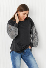 Load image into Gallery viewer, HOPELY Full Size Sequin Puff Sleeve Curved Hem Top in Charcoal
