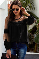 Tied Spliced Mesh Bubble Sleeve Blouse