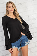Perfect V Neck  Two Tiered Bell Cuff Top In BLACK | DIBS 924