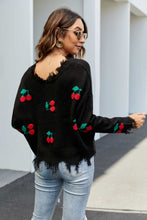 Load image into Gallery viewer, Cherry Pattern Frayed Trim V-Neck Sweater
