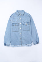 Load image into Gallery viewer, Pearl Detail Frayed Hem Denim Jacket
