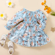 Girls Floral Smocked Flounce Sleeve Layered Dress