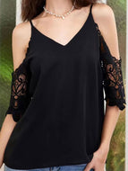 Cold-Shoulder V-Neck Spliced Lace Blouse