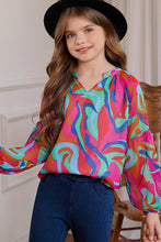 Load image into Gallery viewer, Girls Printed Notched Neck Puff Sleeve Blouse
