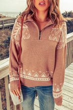 Load image into Gallery viewer, Geometric Ribbed Trim Quarter Zip Sweater
