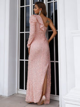 Load image into Gallery viewer, Sequined One-Shoulder Ruffled Split Dress
