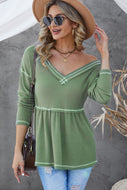 Striped Contrast V-Neck Peplum Waffle-Knit Top