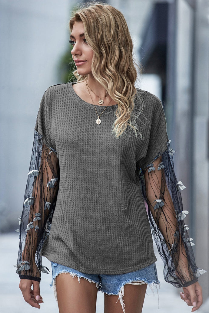 Butterfly Applique Round Neck Waffle-Knit Top