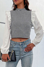 Load image into Gallery viewer, Houndstooth Ruffle Shoulder Mock Neck Crop Top
