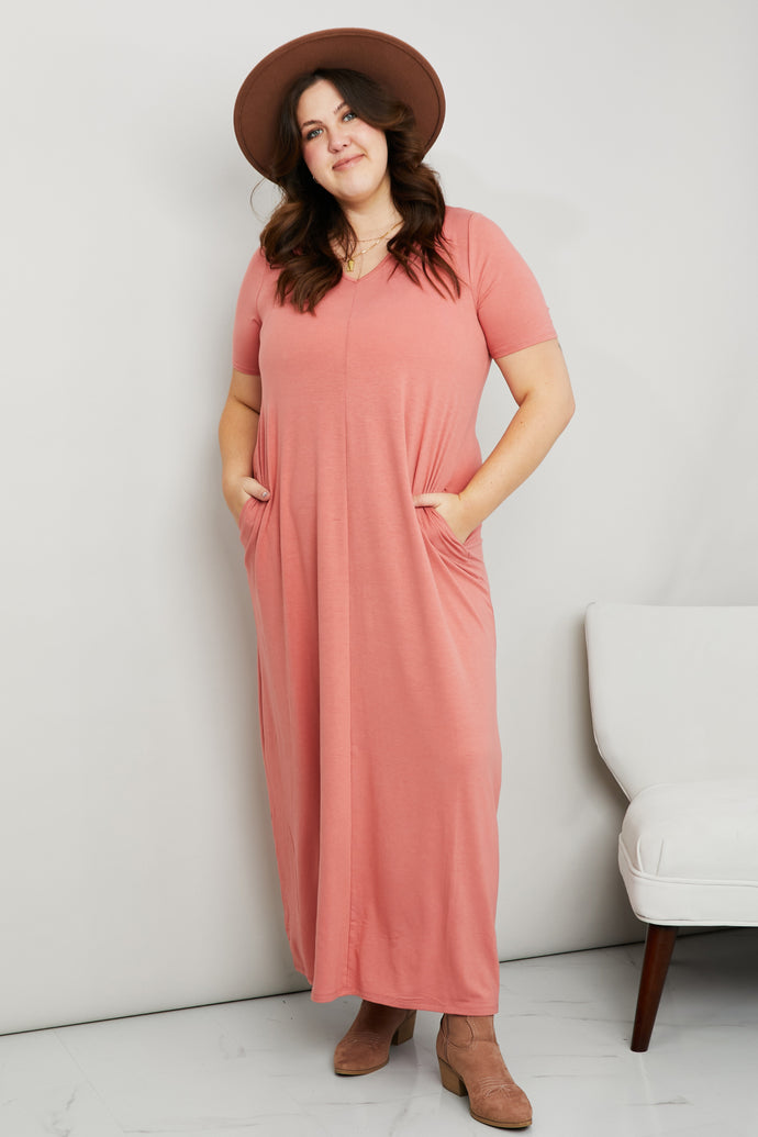 Zenana Full Size Short Sleeve V-Neck T-Shirt Dress with Pockets