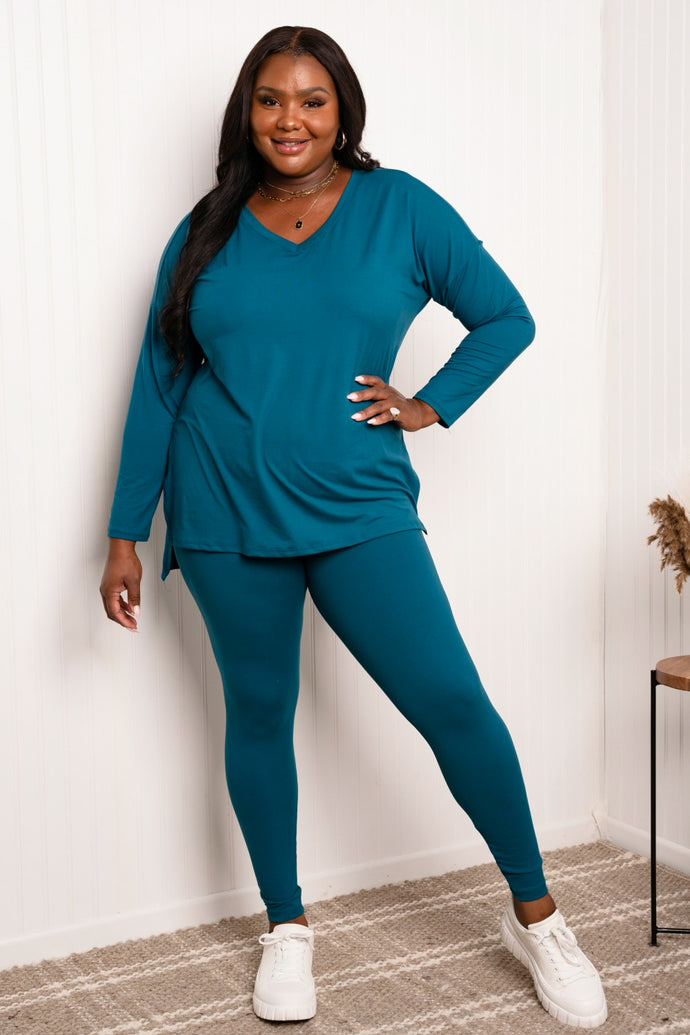 Zenana Full Size V-Neck High-Low Top and Leggings Loungewear Set in Teal