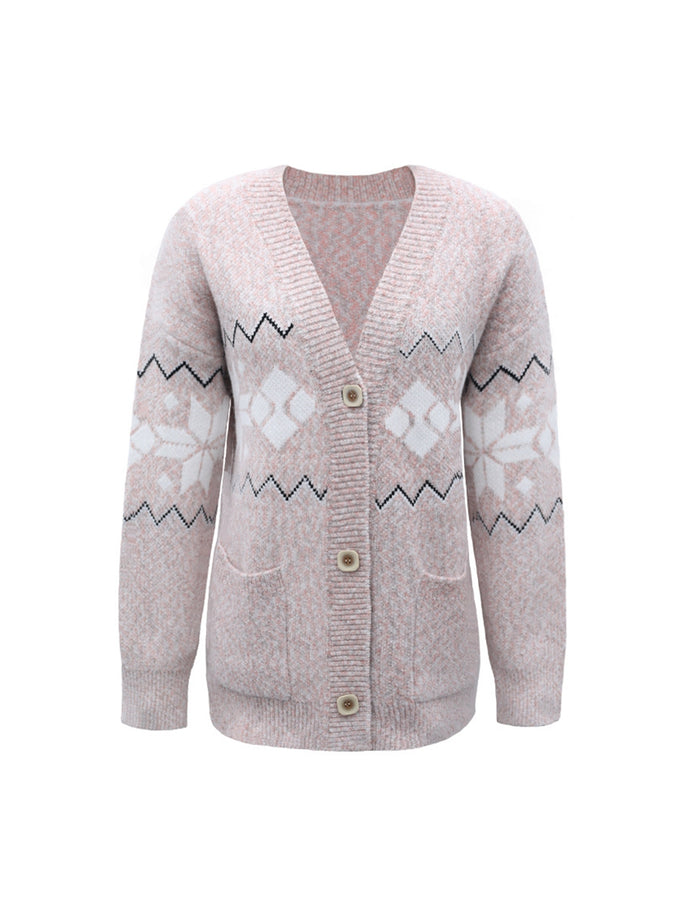 Fair Isle Snowflake Pattern Cardigan with Pockets