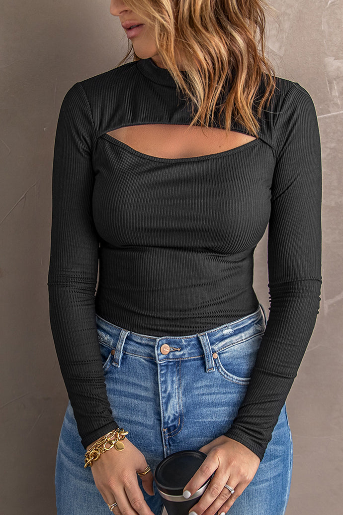 Cutout Mock Neck Ribbed Top