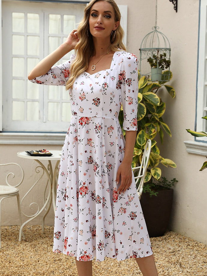 Floral Tie Back Puff Sleeve Dress