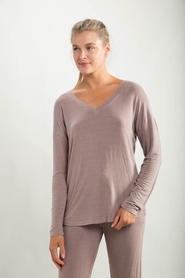Lounge V-Neck In Brown Top | DIBS 287