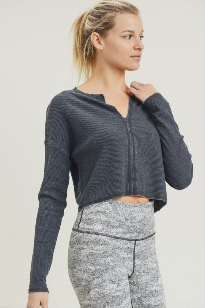 Light Waffle Knit V Detail Top In BLACK | DIBS 463