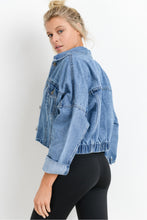 Load image into Gallery viewer, Miss Cropped Raw &amp; Ribbed Denim Jacket Medium Wash by mono b
