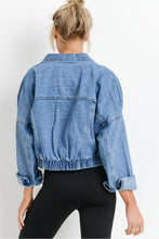 Load image into Gallery viewer, Miss Cropped Raw &amp; Ribbed Denim Jacket Medium Wash by mono b
