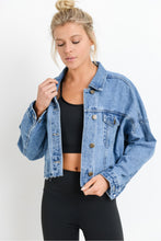 Load image into Gallery viewer, Miss Cropped Raw &amp; Ribbed Denim Jacket Medium Wash by mono b

