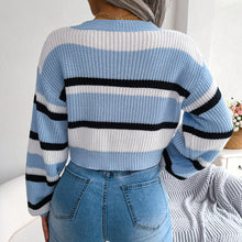 Load image into Gallery viewer, Tricolor Striped Round Neck Cropped Sweater
