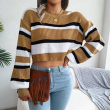 Load image into Gallery viewer, Tricolor Striped Round Neck Cropped Sweater
